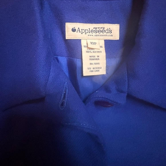 Appleseeds Jacket Womens 100% Virgin Wool Coat Blazer Blue Button Up Size 10P - Picture 4 of 5